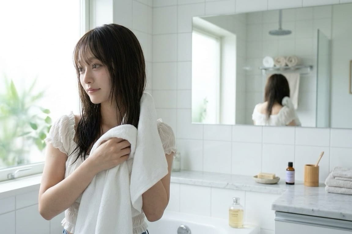 タオルドライ後の髪にLumi Milkを使用する女性