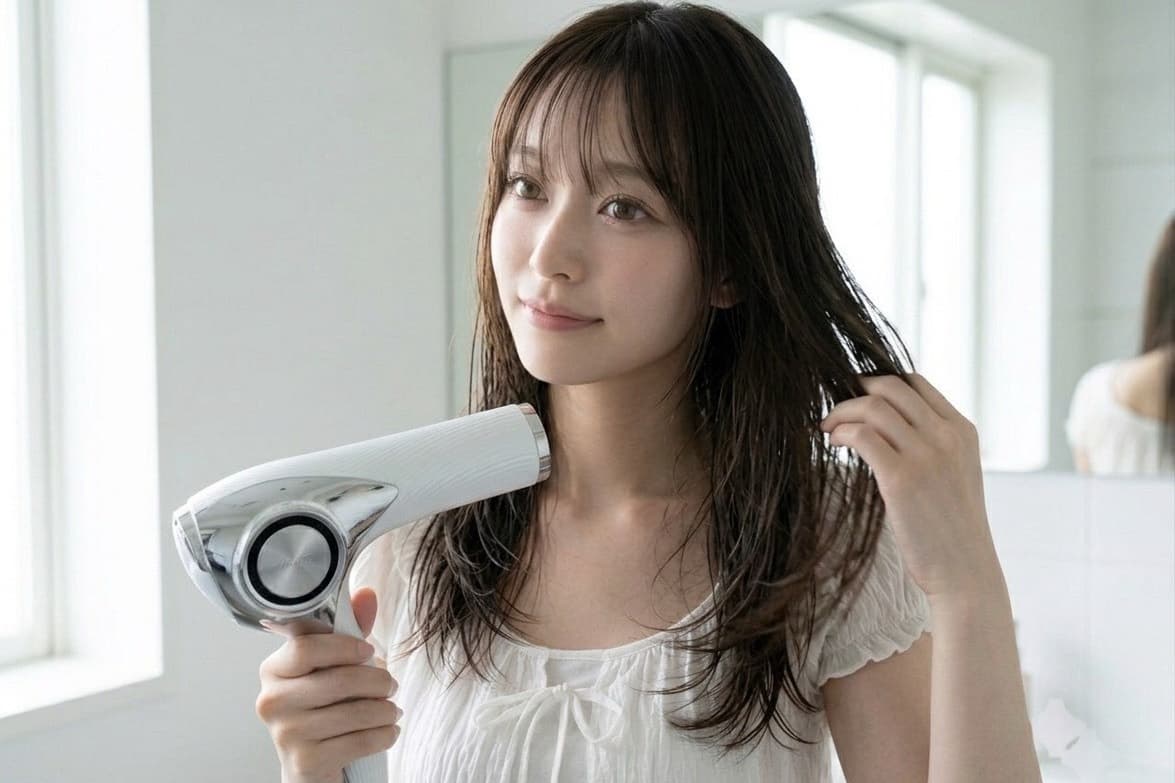 Lumi Milkをなじませた髪をドライヤーで乾かす女性
