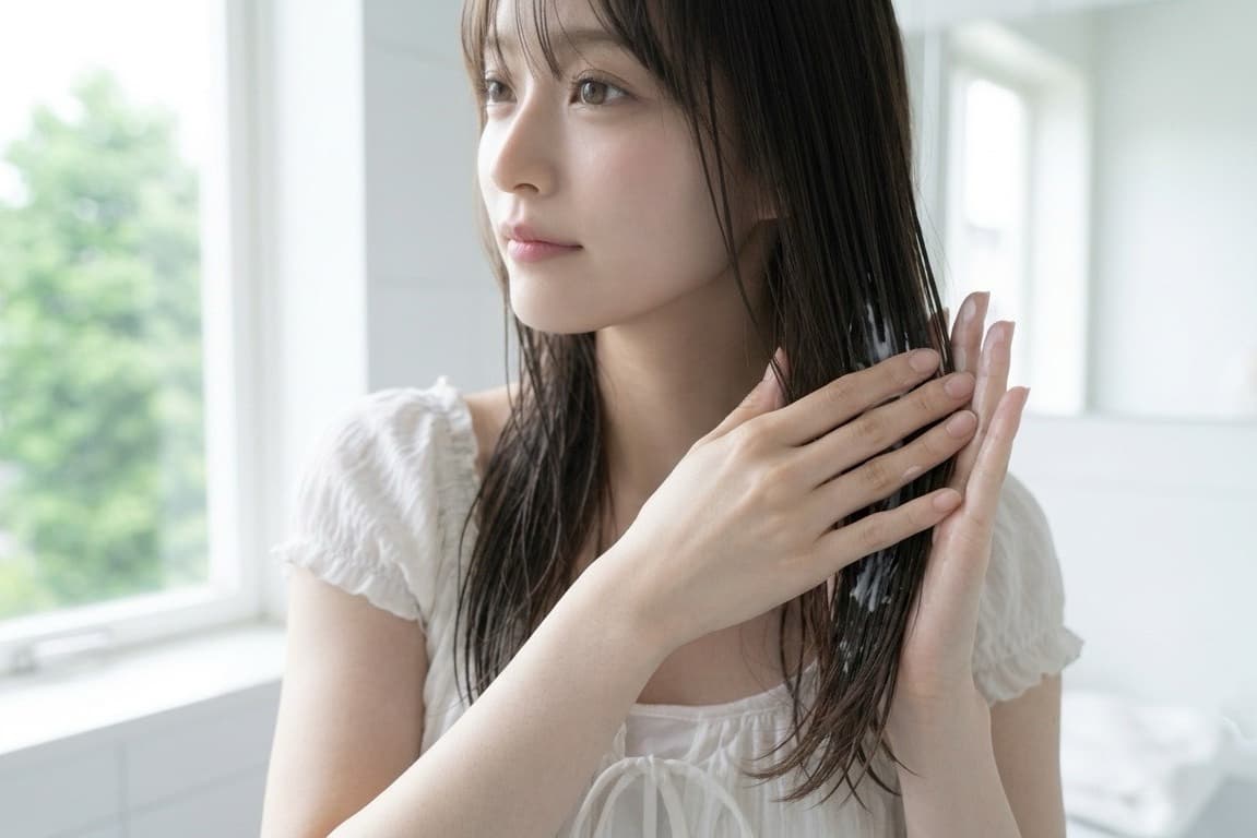 Lumi Milkを髪の中間から毛先になじませる女性