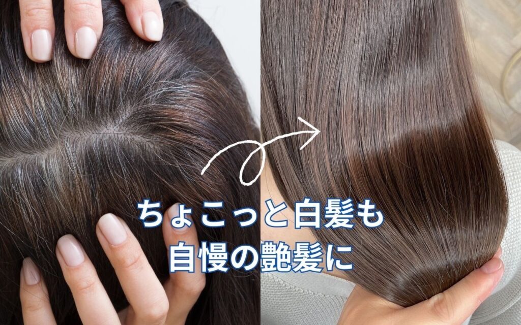 白髪染め後の毛先までまとまりやすいトリートメント後の艶髪写真
