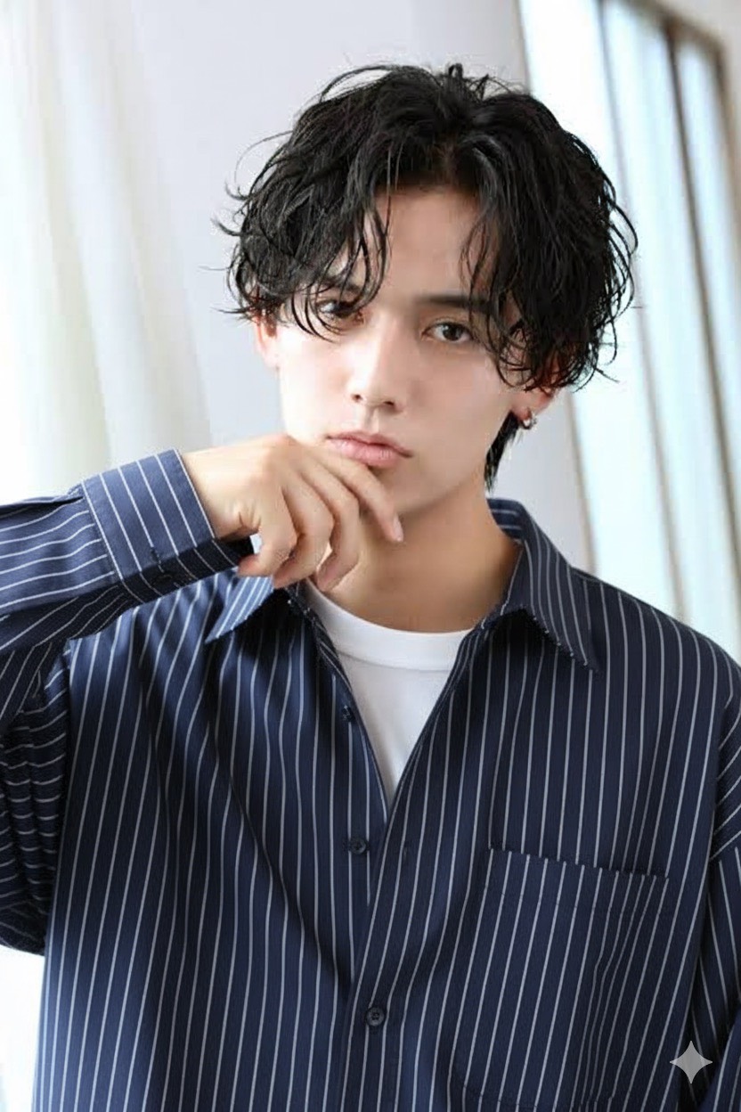 メンズニュアンスパーマをワックスで自然に仕上げているスタイリングイメージ