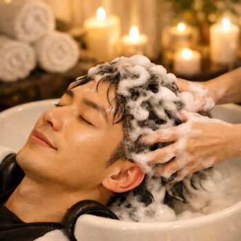 頭皮の臭いが気になる男性が美容室でシャンプーセットを受けているイメージ