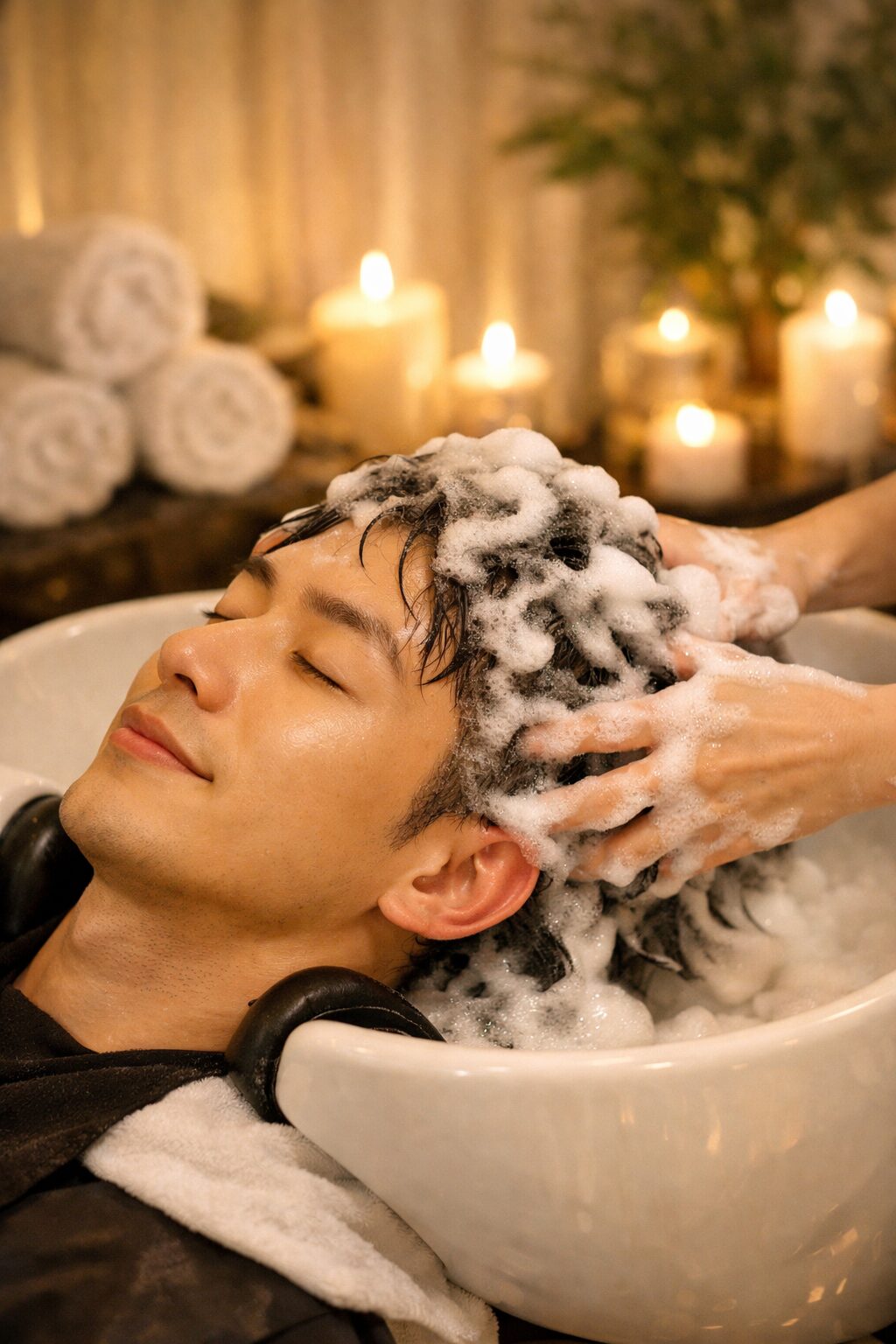 メンズが美容室でシャンプーセットを受けているイメージ