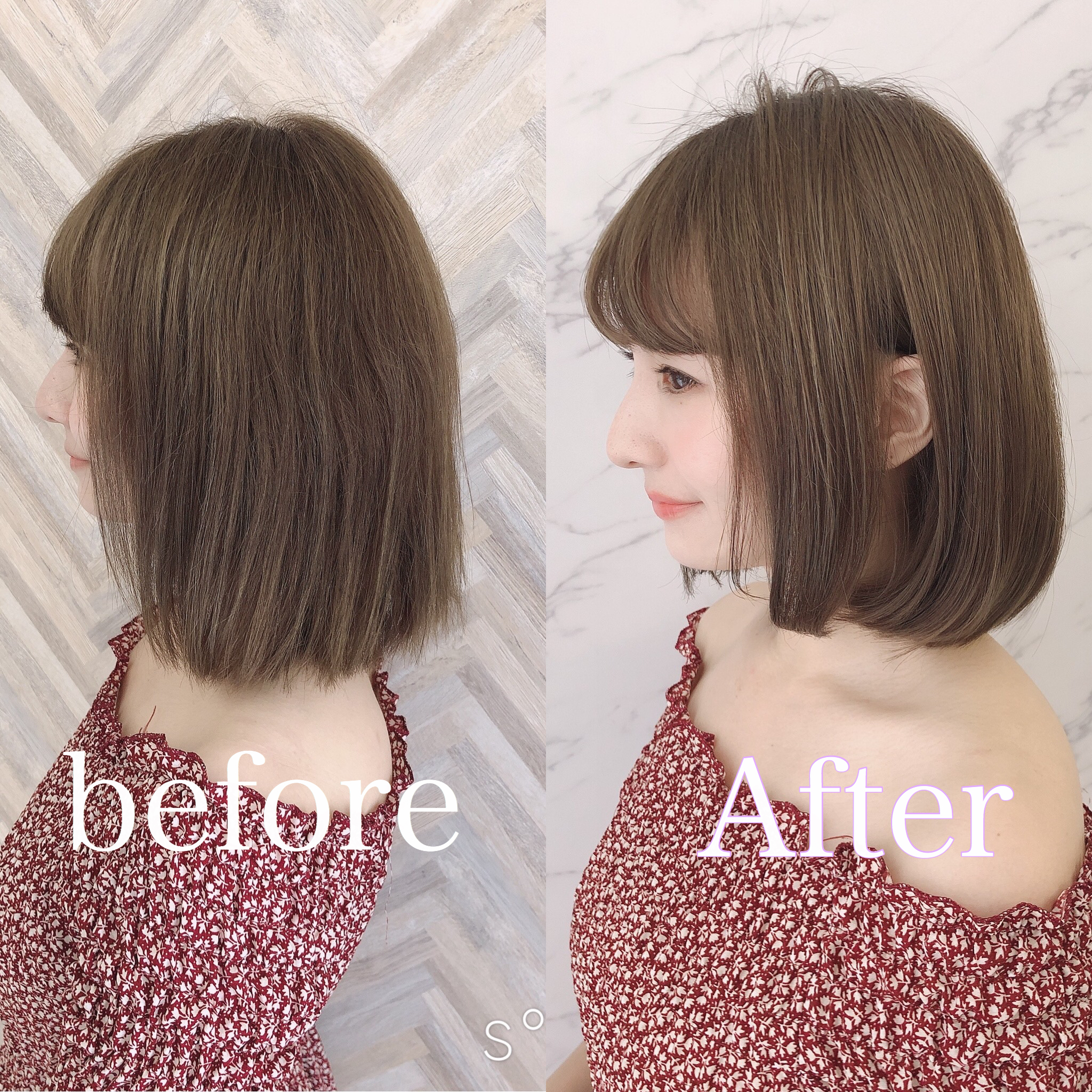 顔まわり縮毛矯正で前髪と横の髪が自然につながった仕上がり例