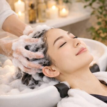 美容室でシャンプーされている清潔感のある女性