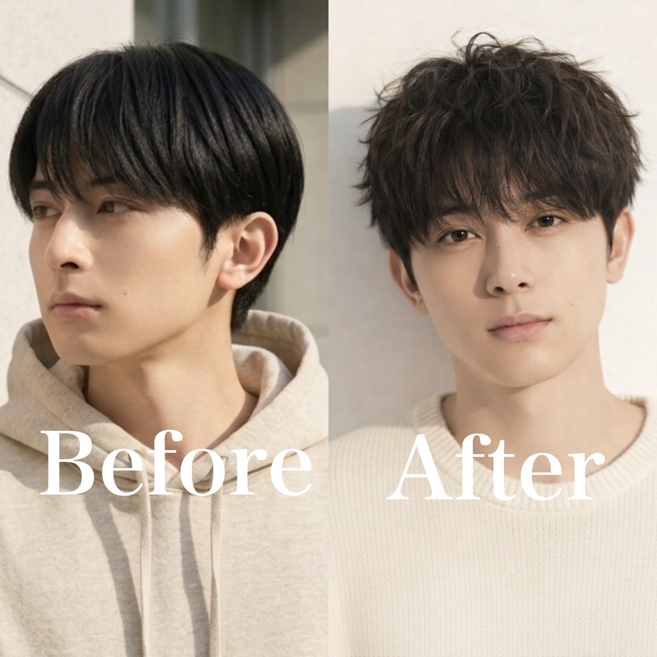 直毛のメンズヘアにニュアンスパーマをかけて自然な動きが出たビフォーアフター