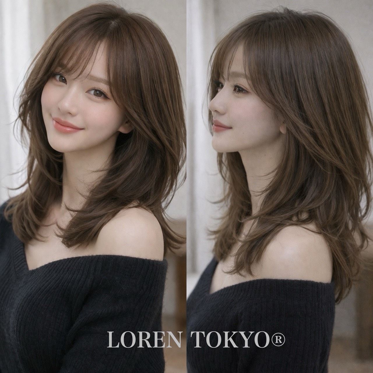 ハッシュカットのやわらかい顔まわりと毛流れが分かる大人女性のミディアムスタイル