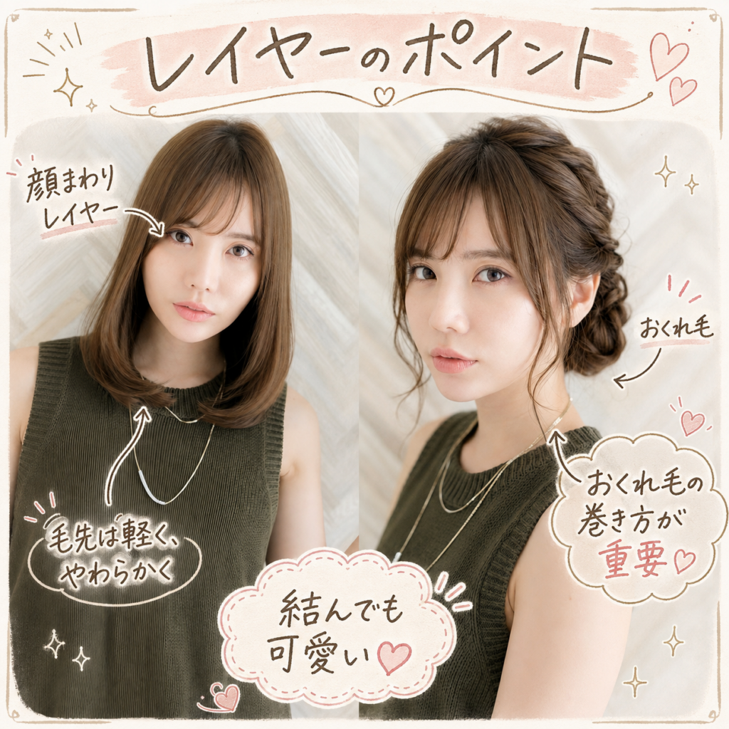 顔まわりレイヤーのおくれ毛を軽く巻いたヘアアレンジ