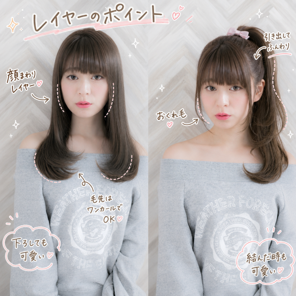 レイヤーカットを下ろした時とポニーテールに結んだ時の見え方