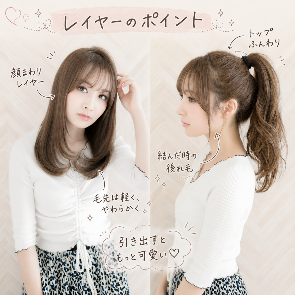 顔まわりレイヤーを下ろした時とポニーテールに結んだ時の見え方