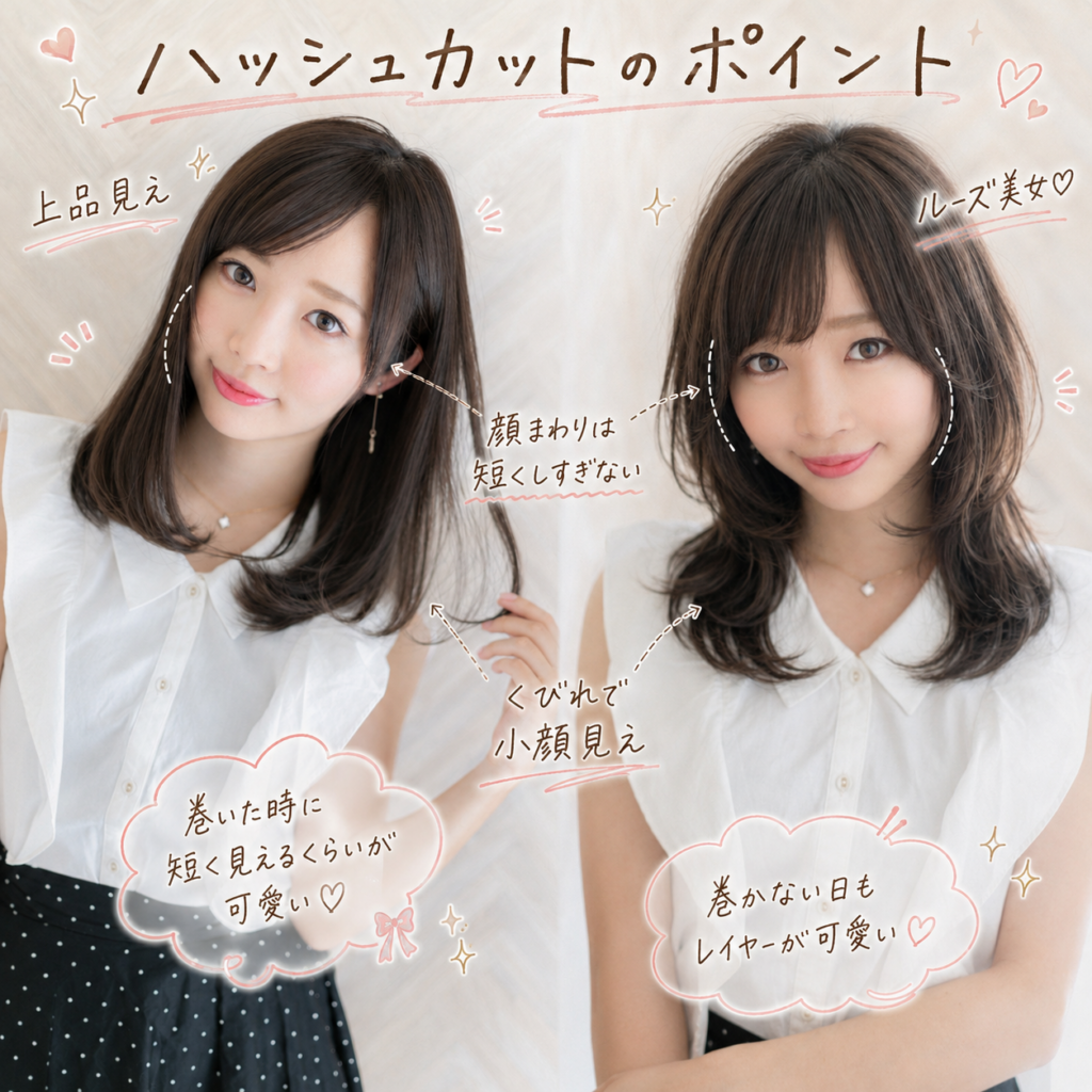 ハッシュカットの顔まわりレイヤーとおくれ毛のポイント