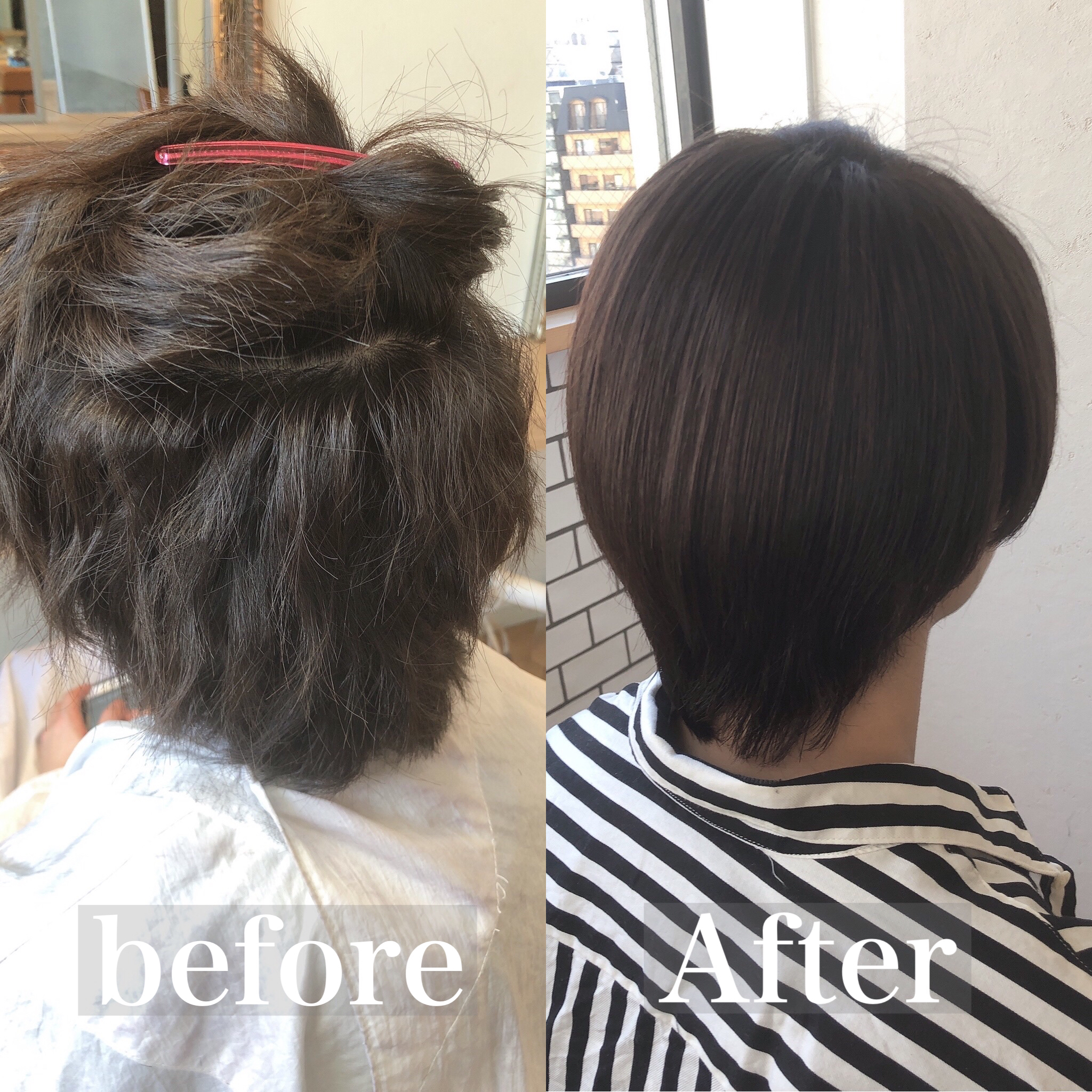 メンズ縮毛矯正のビフォーアフター。広がりやすいくせ毛が自然にまとまった後ろ姿