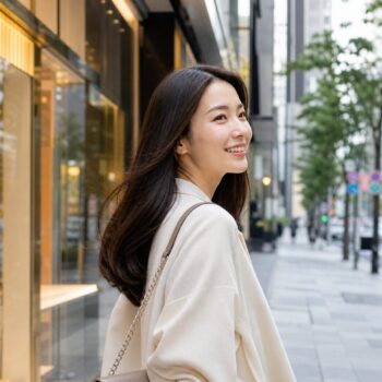 도쿄 여행 중 긴자에서 머리를 윤기 있게 정리한 여성의 이미지 사진
