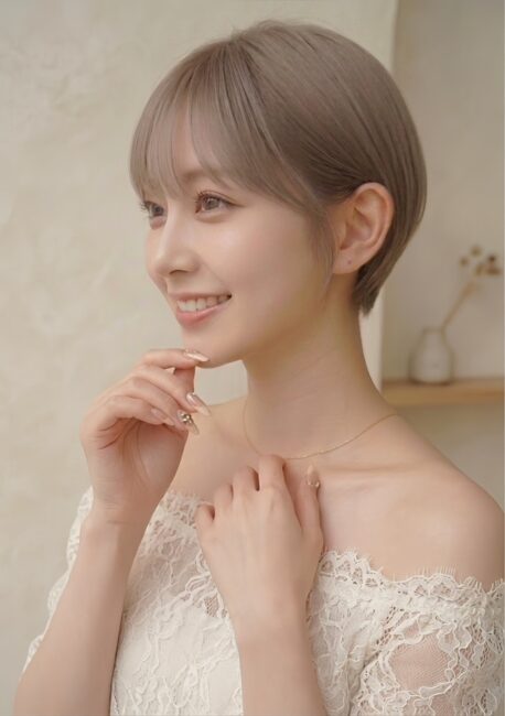 40代の顔まわりが自然に見える前髪とレイヤーボブの仕上がり写真