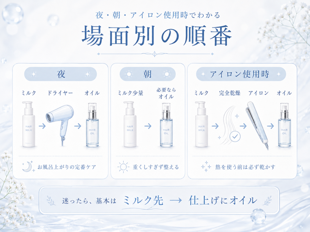 夜・朝・アイロン前のヘアミルクとヘアオイルの順番
