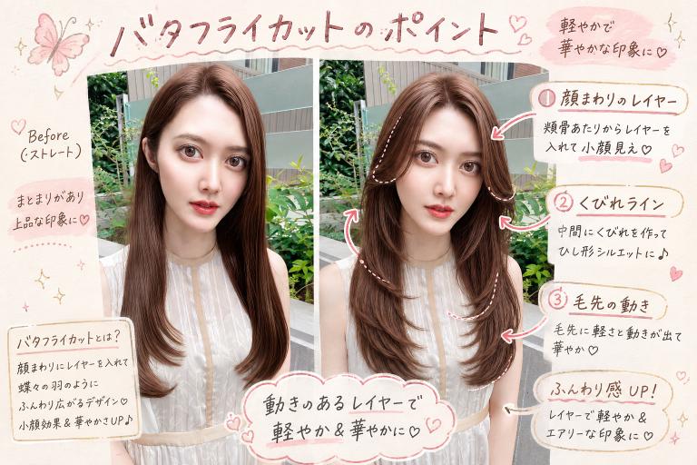 バタフライカットの顔まわりと表面レイヤーを解説した写真