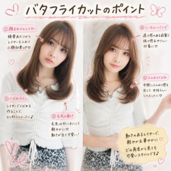 顔まわりから表面へ大きな毛流れをつけたバタフライカット