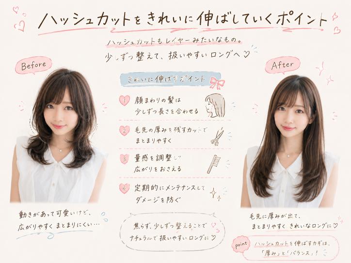 ハッシュカットをきれいに伸ばして毛先の厚みを戻すポイント
