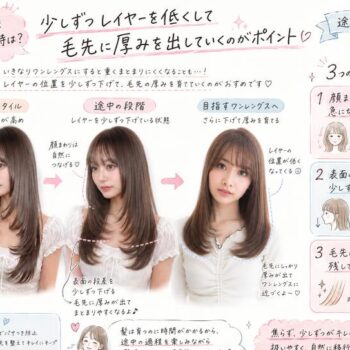 レイヤーカットを少しずつ低くして毛先に厚みを戻す伸ばし方