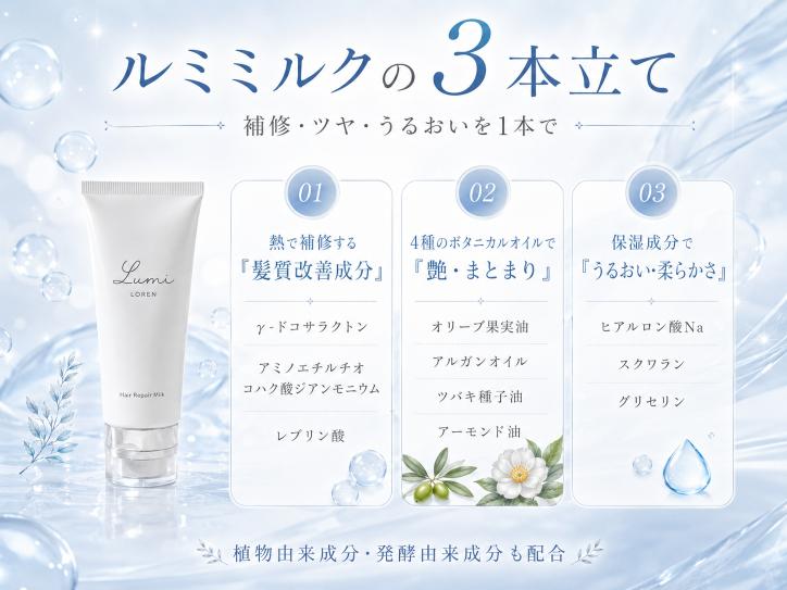 ルミミルクの補修成分・4種のボタニカルオイル・保湿成分の3本立て