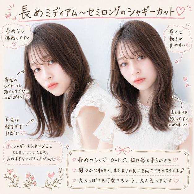 表面の長さと毛先の厚みを残した長めミディアムのシャギーカット