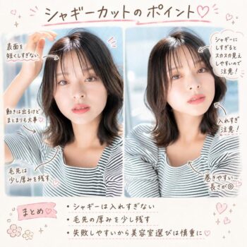 ミディアムのシャギーカットを正面と斜めから見せたヘアスタイル