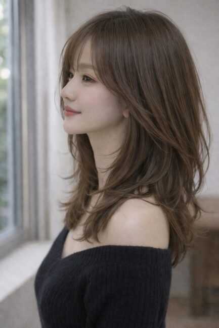 前髪ありミディアムハッシュカットの横顔と顔まわりレイヤー